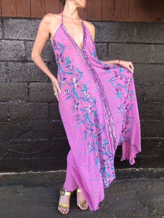 Floral Motif Embellished Bias-Cut Silk Halter Dres