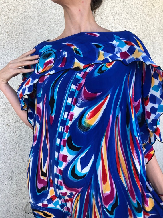 Vintage 80s Silk Handpainted Blue Rainbow Palette