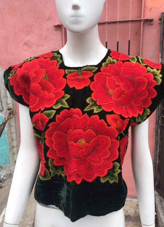Vintage Velvet Huipil with Vivid Floral Embroidery