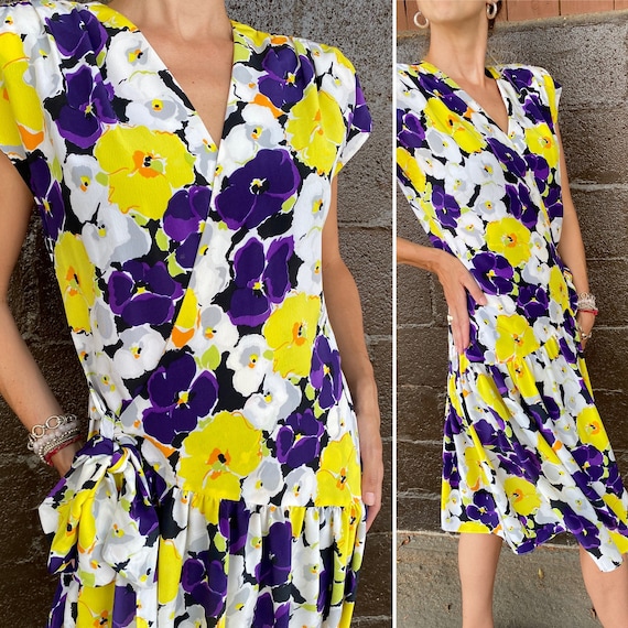 Violet print 90s does 40s wrap style dress