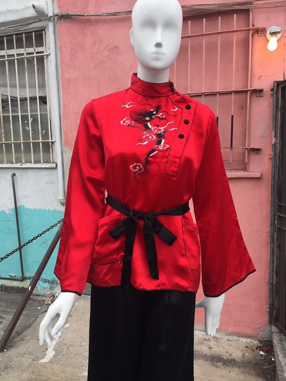 Vintage silk Chinese Pajama Set with Dragon Embroi