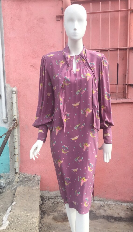 70’s Butterfly Print Silk Dress by Hanae Mori