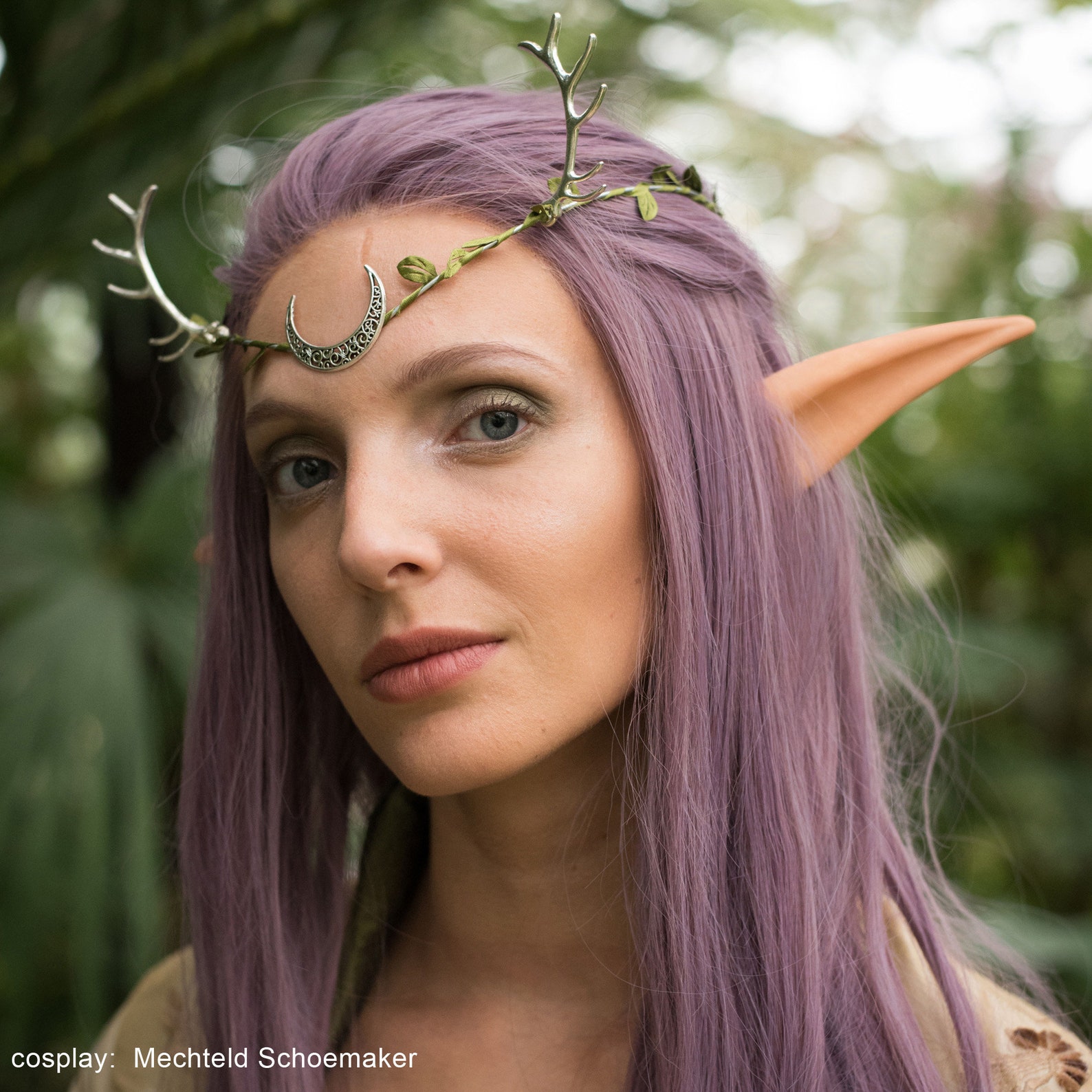 A woman with purple hair and elf ears. She is wearing a silver dainty crown.