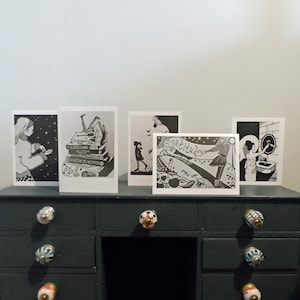 Wenskaarten - set van vijf blanco kaarten - diverse ontwerpen - liefde, dankbaarheid, boeken, bladeren