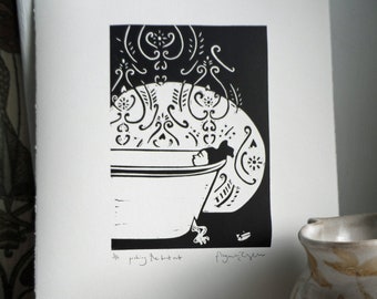 Pushing the boat out - Original, limited edition, linocut print by Polly Marix Evans