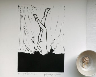 Just Dive On In - Original, limited edition, linocut print by Polly Marix Evans