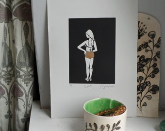 Big Pants - gold - Original, limited edition, linocut print by Polly Marix Evans