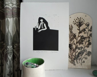 Perfectly content alone - Original, limited edition, linocut print by Polly Marix Evans