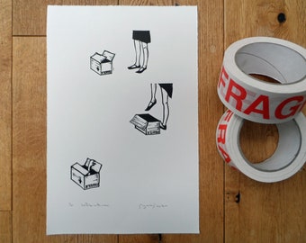 Handle With Care - Original, limited edition, linocut print by Polly Marix Evans