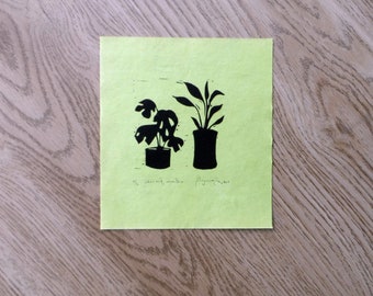 Sukie and Martha (pistachio green paper) - from my plants with names series - Original, open edition, linocut print by Polly Marix Evans