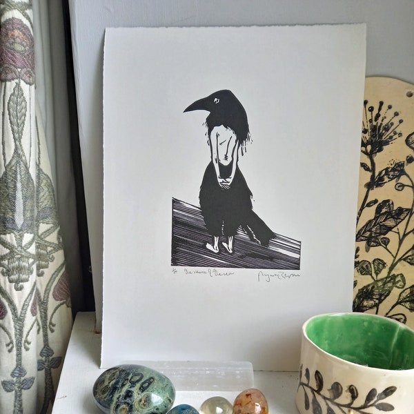 The Allure Of The Crow - Original, limited edition, linocut print by Polly Marix Evans
