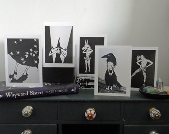 Greetings cards - pack of five blank cards - assorted Bun-Head designs -quirky - crow, witch, stars