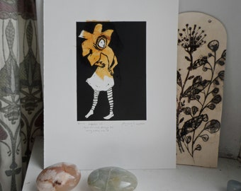 Daffodil hat - Original, limited variable edition, linocut print with chine-collé by Polly Marix Evans