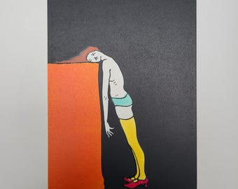 Reckless - with a hint of lethargy - original, limited edition linocut by Polly Marix Evans.