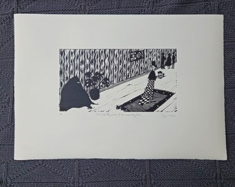 The Unexpected Arrival Of The Inexplicable Gloom - original, limited edition linocut print by Polly Marix Evans