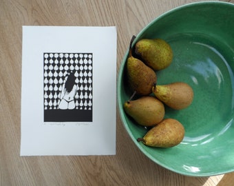 A pear shaped life - Original, limited edition, linocut print by Polly Marix Evans