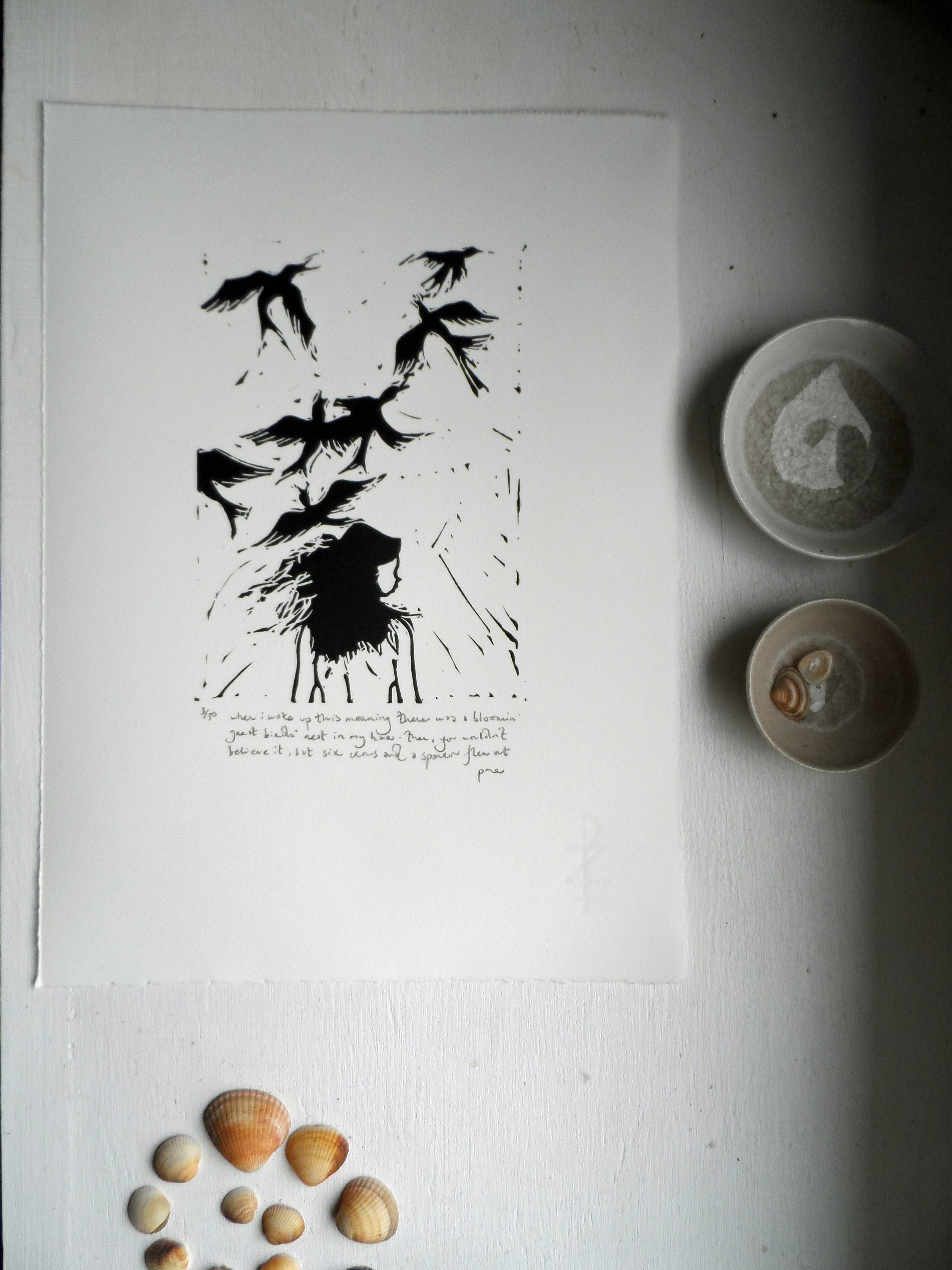 When I Woke Up This Morning There Was A Bloomin' Great Birds' Nest In My Hair- Original, limited edition, linocut print by Polly Marix Evans