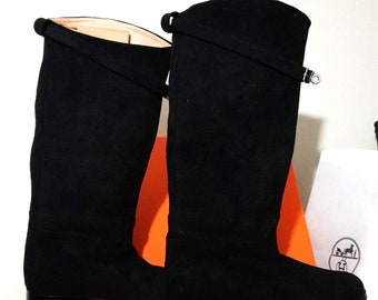 black suede Hermes knee high jumping boots with belt strap detail