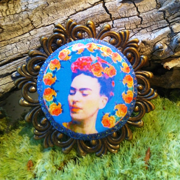 Broche " hommage à Frida Khalo", monture bohème, accessoire de mode , viva la vida, mexique