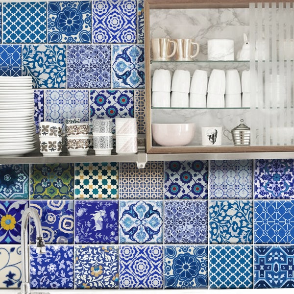 Kitchen/Bathroom Indian Jaipur Blue pottery Tile/ Wall/ Floor Decals : 22 Designs X 2