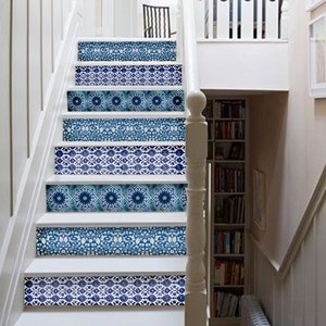 India Blue Pottery StairRiser Peel Stick Vinyl Decal Self Adhesive Waterproof Easy to Trim  Removable DIY Home Decor-Extra long 49" length