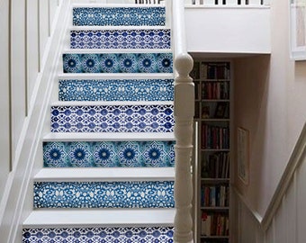 India Blue Pottery StairRiser Peel Stick Vinyl Decal Self Adhesive Waterproof Easy to Trim  Removable DIY Home Decor-Extra long 49" length