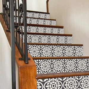 Encaustic Stair Riser Decals | Peel and Stick Vinyl stair strips Waterproof Removable DIY Home Decor - Xtra long 49" in Dark Grey/Off White