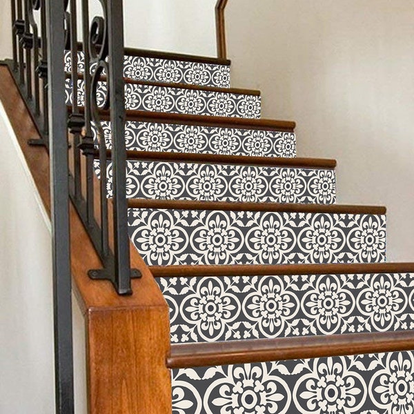 Encaustic Stair Riser Decals | Peel and Stick Vinyl stair strips Waterproof Removable DIY Home Decor - Xtra long 49" in Dark Grey/Off White
