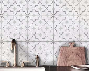 May include: A kitchen backsplash featuring square white tiles with a repeating gray geometric star pattern. Below the tiles is a dark countertop with a metal faucet, a wooden cutting board, and dark teal cabinets with gold-toned knobs.