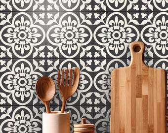 Encaustic Bleucoin Peel n Stick Vinyl Tile stickers for Kitchen Bath Backsplash Floor Wall , Water proof & Removable- Dark Grey/Off White