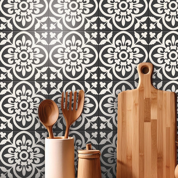Encaustic Bleucoin Peel n Stick Vinyl Tile stickers for Kitchen Bath Backsplash Floor Wall , Water proof & Removable- Dark Grey/Off White