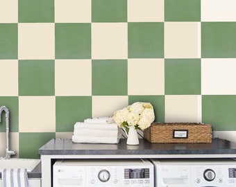 Sage & Off White Checker Solid Tile Wall Stair Floor Self Adhesive Vinyl Sticker, Kitchen Bathroom Backsplash Carrelage Decal