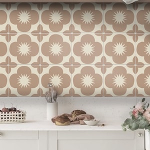 Sakura Latte Peel and Stick Vinyl Tile Stickers | Removable & Waterproof Ideal for Kitchen Bathroom Backsplash Floor, DIY Wall Designs
