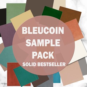 May include: A sample pack of solid color paper featuring a variety of colors, including green, brown, beige, orange, and gray. The pack is labeled "Bleucoin Sample Pack Solid Bestseller".