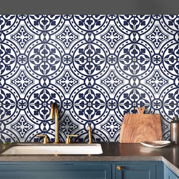 Loures Blue Peel & Stick Tile Stickers for Kitchen Bathroom Backsplash,Non slip for floor Removable Water Resistant Easy To Cut Vinyl Decor