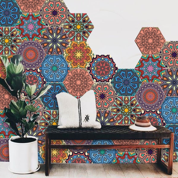 Hexagon Mandala Tile Wall Stair Floor Self Adhesive Vinyl Stickers,Kitchen Bathroom Backsplash Carrelage Decal, Peel & Stick Home Decor