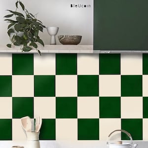 Moss Green & Off White Checker Tile Wall Stair Floor Self Adhesive Vinyl Sticker,Kitchen Bathroom Backsplash Carrelage Decal, Peel and Stick