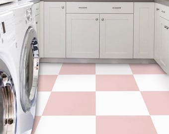 French Rose & White Checker Vinyl Floor Tile Stickers Floor Decal Removable Anti-Slip finish option (520 microns) Perfect for Renter