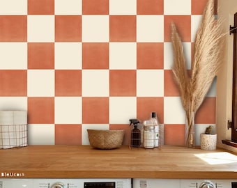 Ginger & Off White Checker Solid Tile Wall Stair Floor Self Adhesive Vinyl Sticker, Kitchen Bathroom Backsplash Carrelage Decal