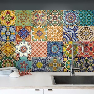 Bleucoin Mexican Talavera Peel n Stick Tile Stickers for Tile Wall Stair Floor Kitchen Bath Backsplash - Removable & Waterproof