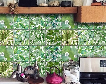 Tropical Jungle Stick on Vinyl Tile Decal for Kitchen Bathroom Backsplash for Tile/Wall Removable Stair Riser Decal,Peel & Stick