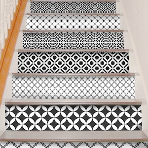 Geometric Black Peel & Stick Stair Riser Decal–Extra Long 49&quot; |Water resistant Vinyl Strip,Self-Adhesive, Removable, DIY Stair ,Easy to Trim