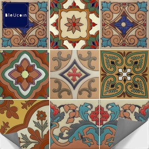 May include: A collection of nine square decorative tiles featuring intricate floral and geometric patterns in shades of terracotta, teal, cream, and blue. The top left tile displays the text BleUcoin in a dark blue square box with a thin border.