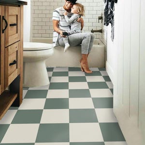 Cottage Green & Oat Checker Vinyl Tile Sticker Floor Decals Removable Repositionable Anti-Slip finish option(520 micron)Perfect for Renter