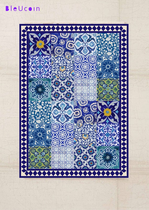 Floor Vinyl Peel And Stick Rug Blue Pottery Pattern Etsy
