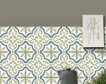 May include: A wall covered in square tiles featuring a repeating pattern of sage green and white quatrefoil shapes with dark teal outlines. The text BleUcoin is visible in the top left corner, and a botanical print hangs on the tiled wall.