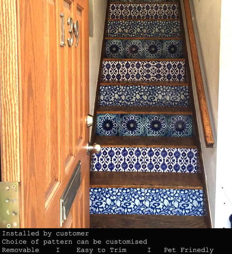 India Blue Pottery StairRiser Peel Stick Vinyl Decal Self Adhesive Waterproof Easy to Trim Removable DIY Home Decor-Extra long 49 length image 3