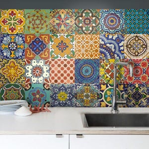 Bleucoin Mexican Talavera Peel n Stick Tile Stickers for Tile Wall Stair Floor Kitchen Bath Backsplash - Removable & Waterproof - Pack of 44