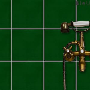 Puede incluir: Un grifo de ducha dorado con una manija blanca y una alcachofa de ducha. El grifo está montado en una pared de azulejos verdes.