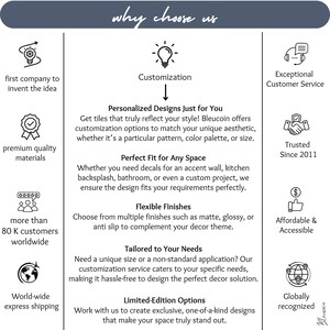 May include: An informational graphic titled why choose us featuring black text and icons on a white background. It highlights customization, personalized designs, flexible finishes, and tailored needs for tile products, alongside company service benefits.